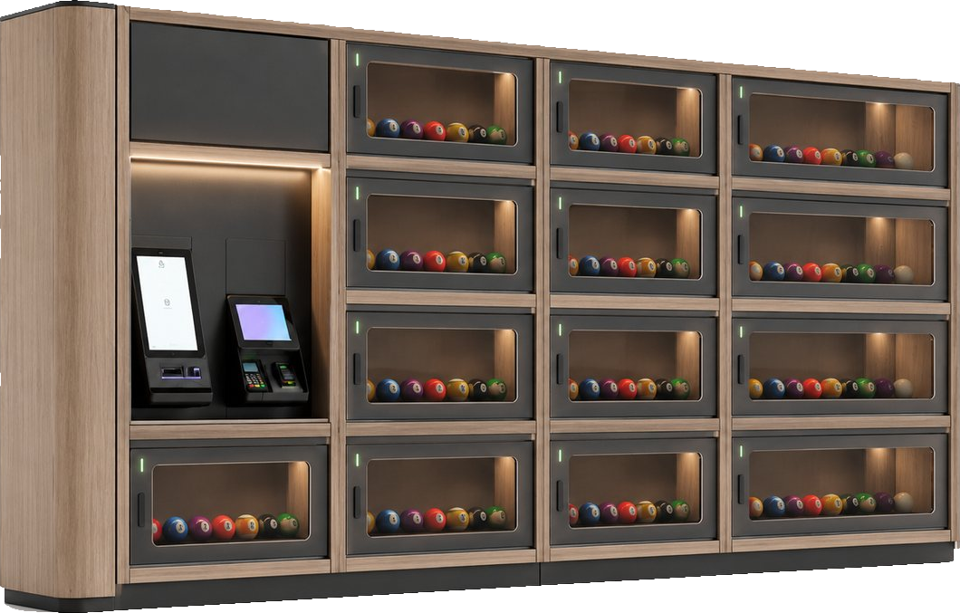 Mobilier connecté pour billard : kiosque de paiement, terminal CB et casiers vitrés éclairés contenant les jeux de boules